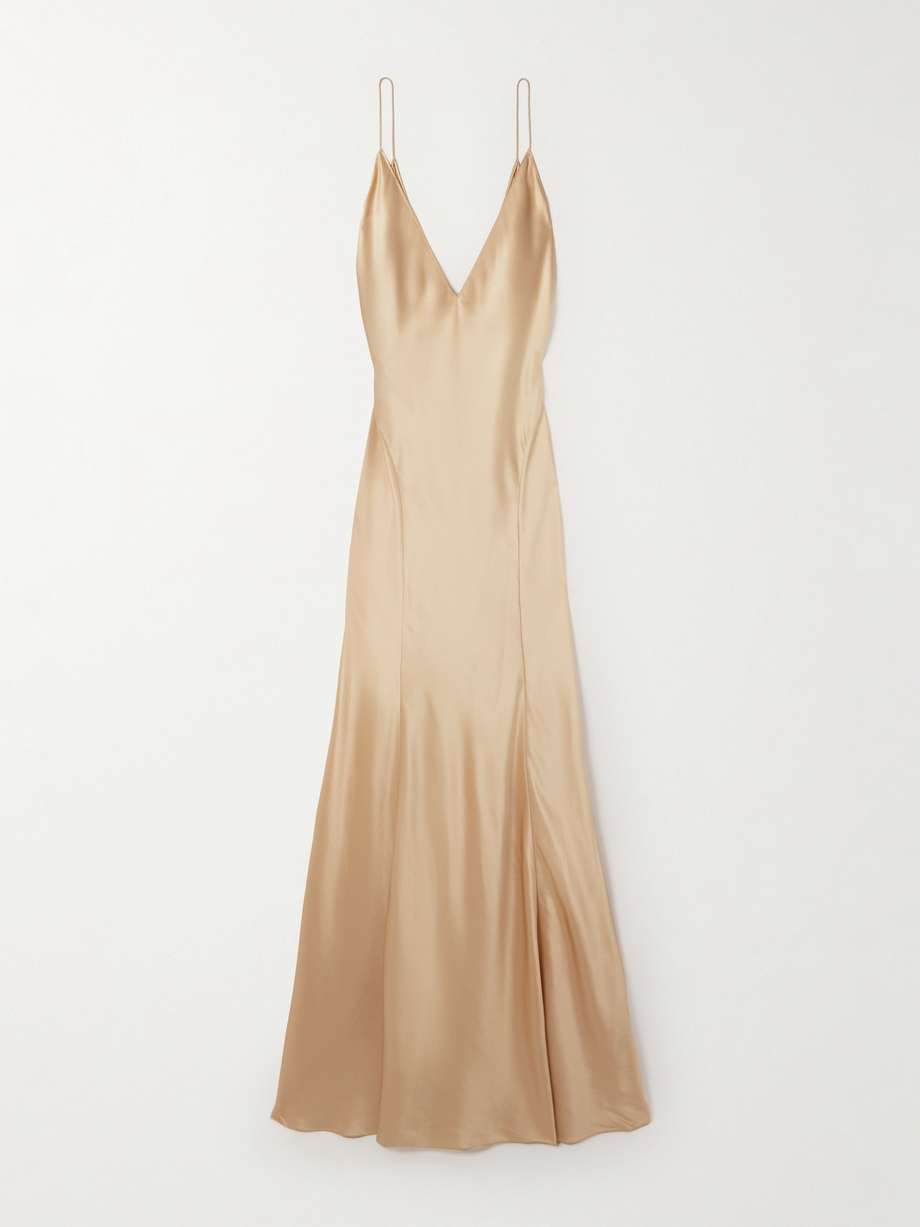 open-back paneled silk-satin gown