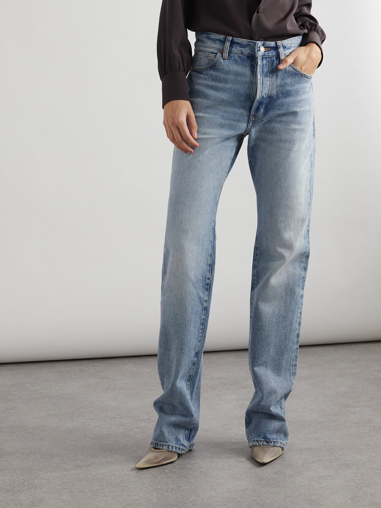 Saint Laurent Cassandre Embellished High-rise Straight-leg Jeans In Blue