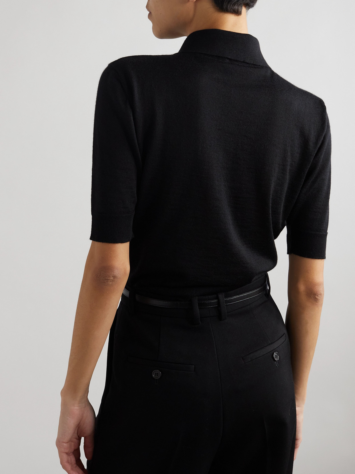 Saint Laurent Embroidered Wool, Cashmere And Silk-blend Polo Shirt In Black