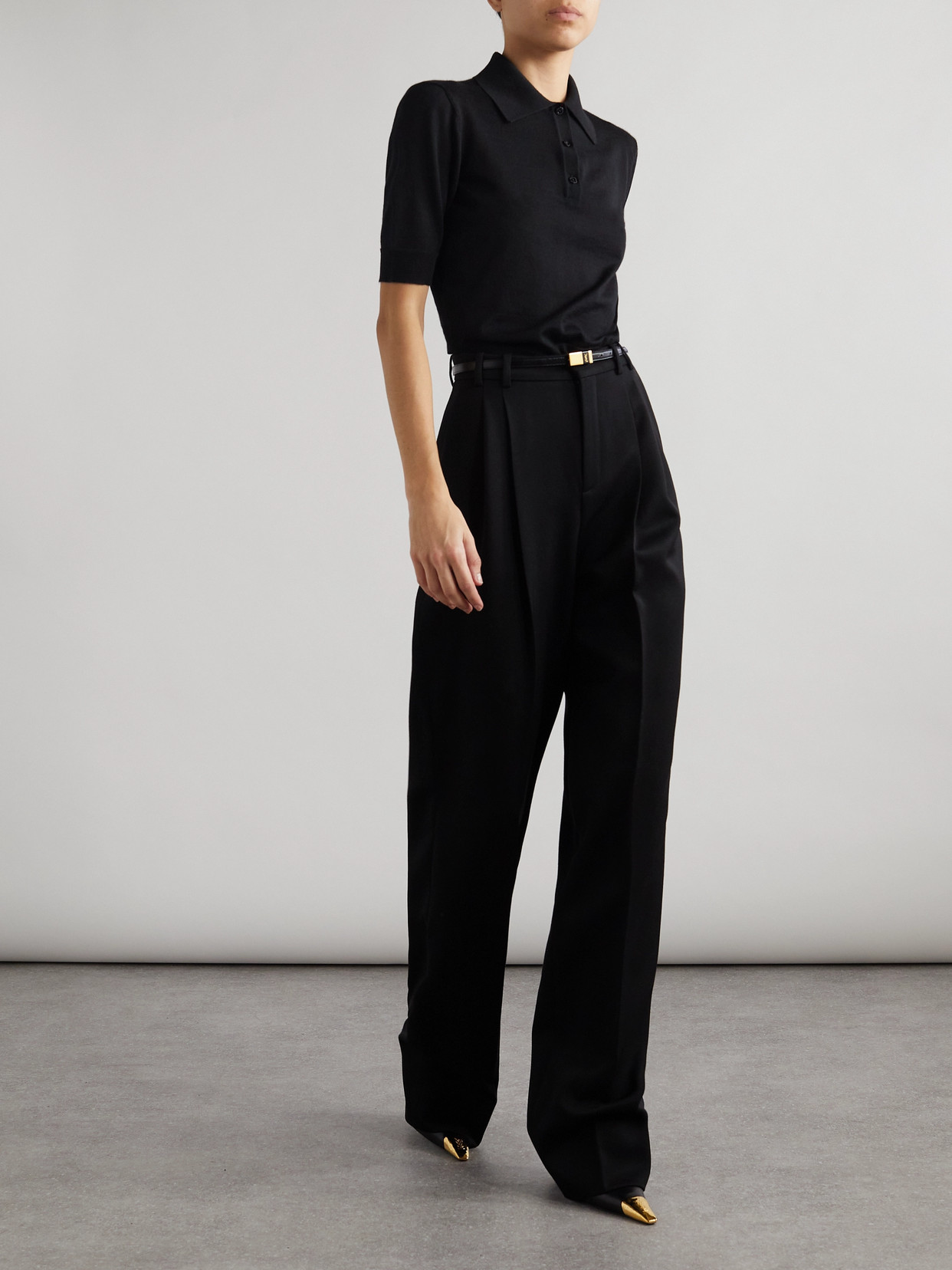 Saint Laurent Embroidered Wool, Cashmere And Silk-blend Polo Shirt In Black