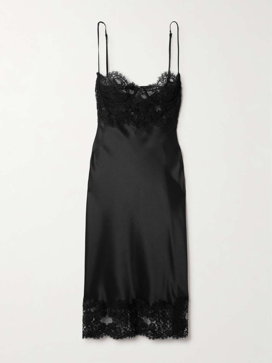 lace-trimmed silk-satin midi dress