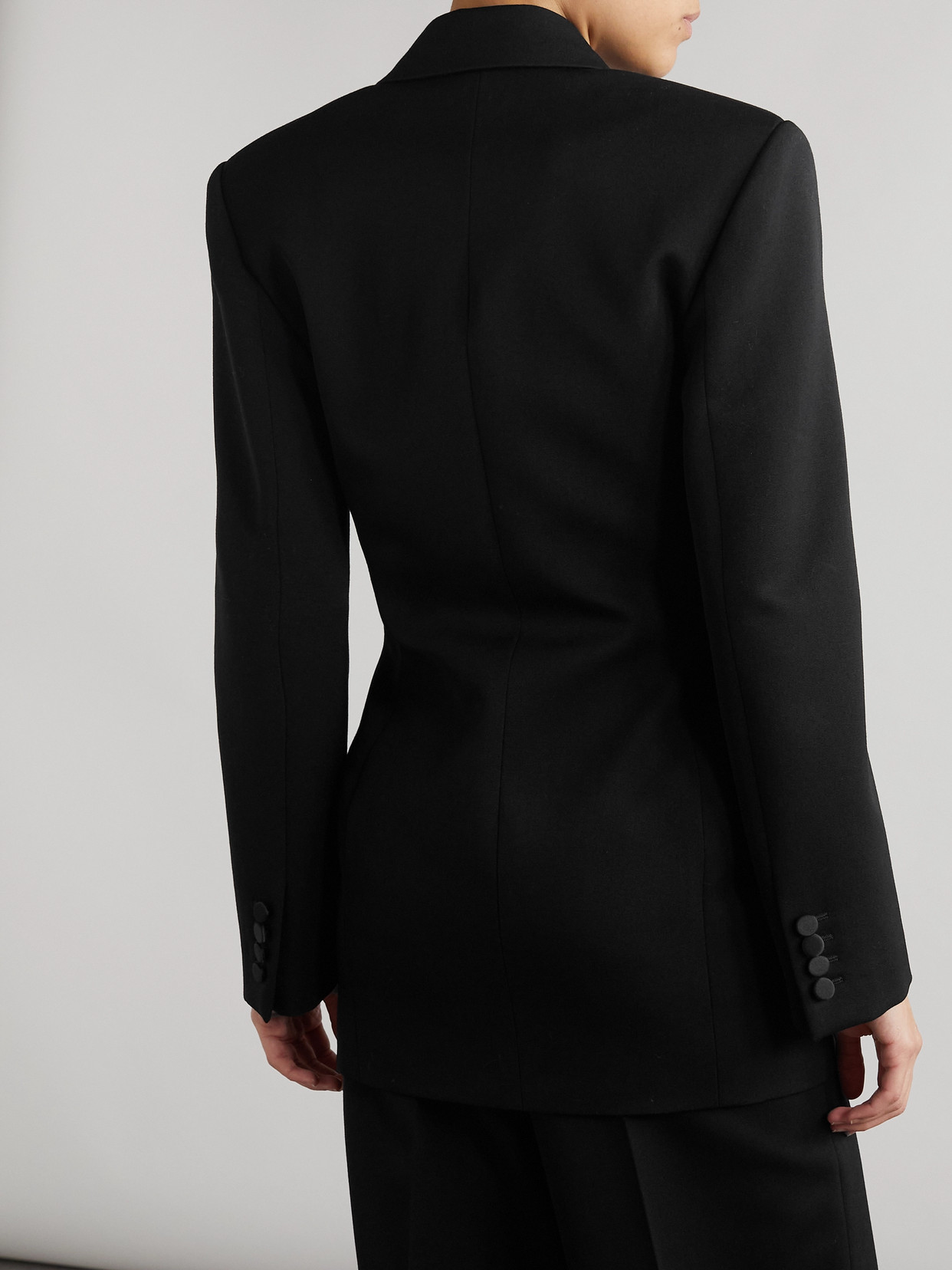Saint Laurent Double-breasted Twill-trimmed Grain De Poudre Wool Blazer In Black