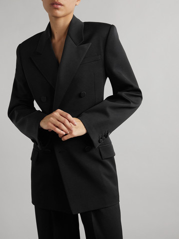 Saint Laurent Double-breasted twill-trimmed grain de poudre wool blazer