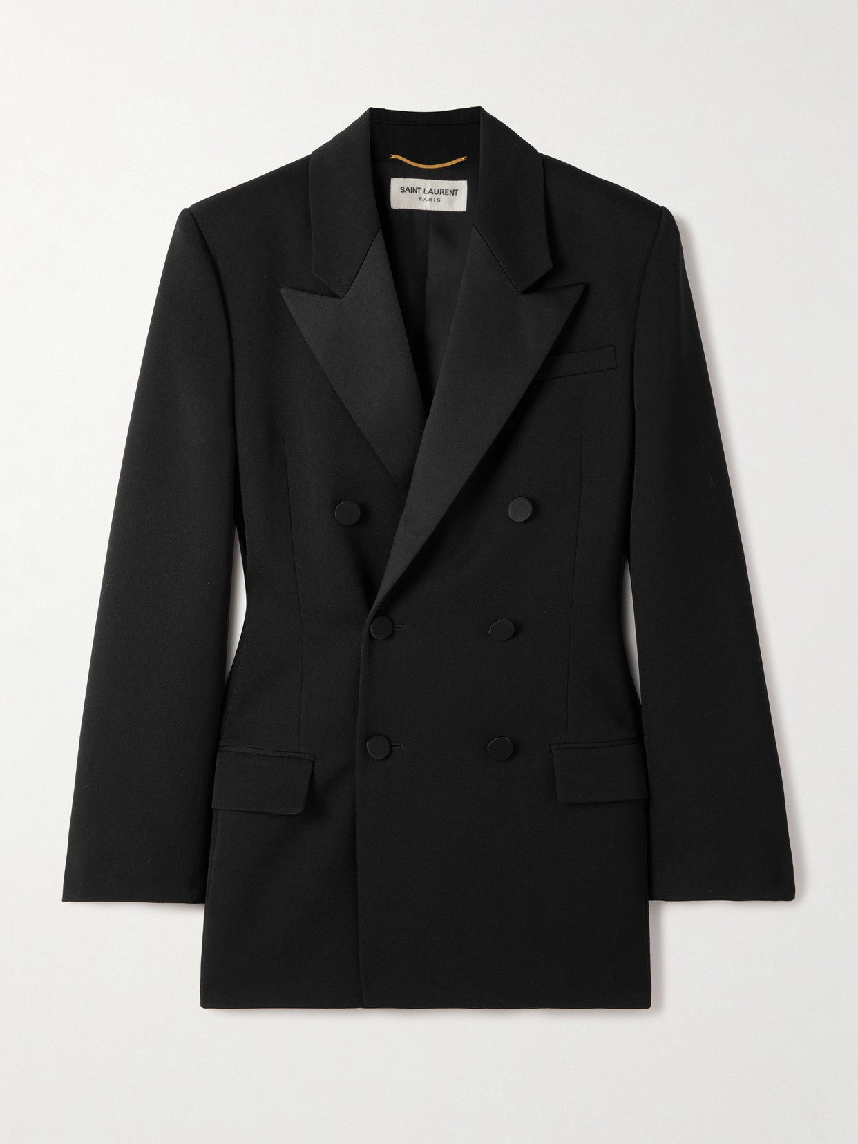 Saint Laurent Double-breasted Twill-trimmed Grain De Poudre Wool Blazer In Black