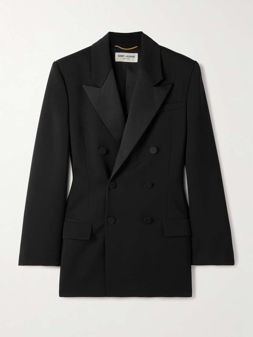 Saint Laurent Double-breasted Twill-trimmed Grain De Poudre Wool Blazer