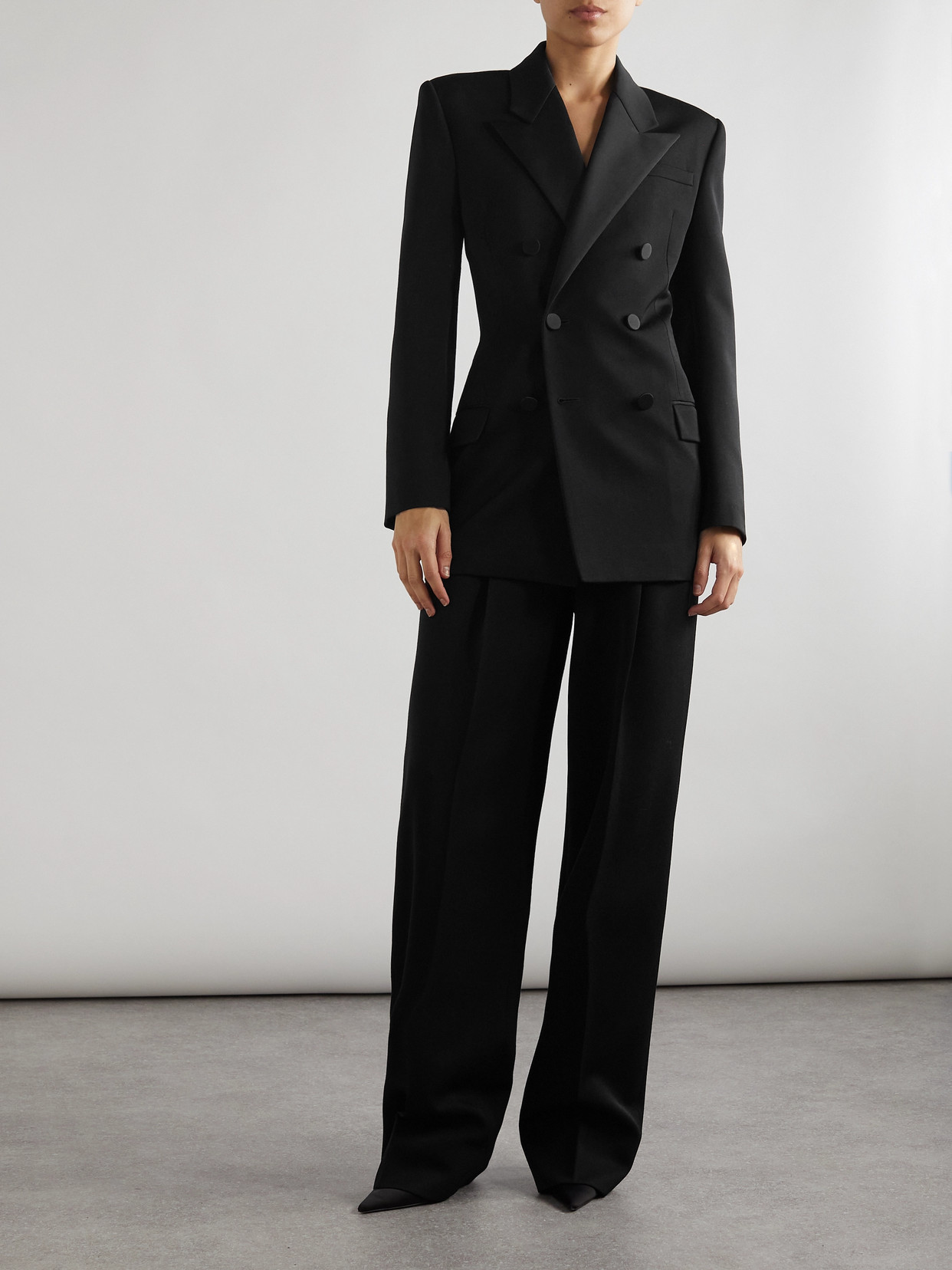 Saint Laurent Double-breasted Twill-trimmed Grain De Poudre Wool Blazer In Black