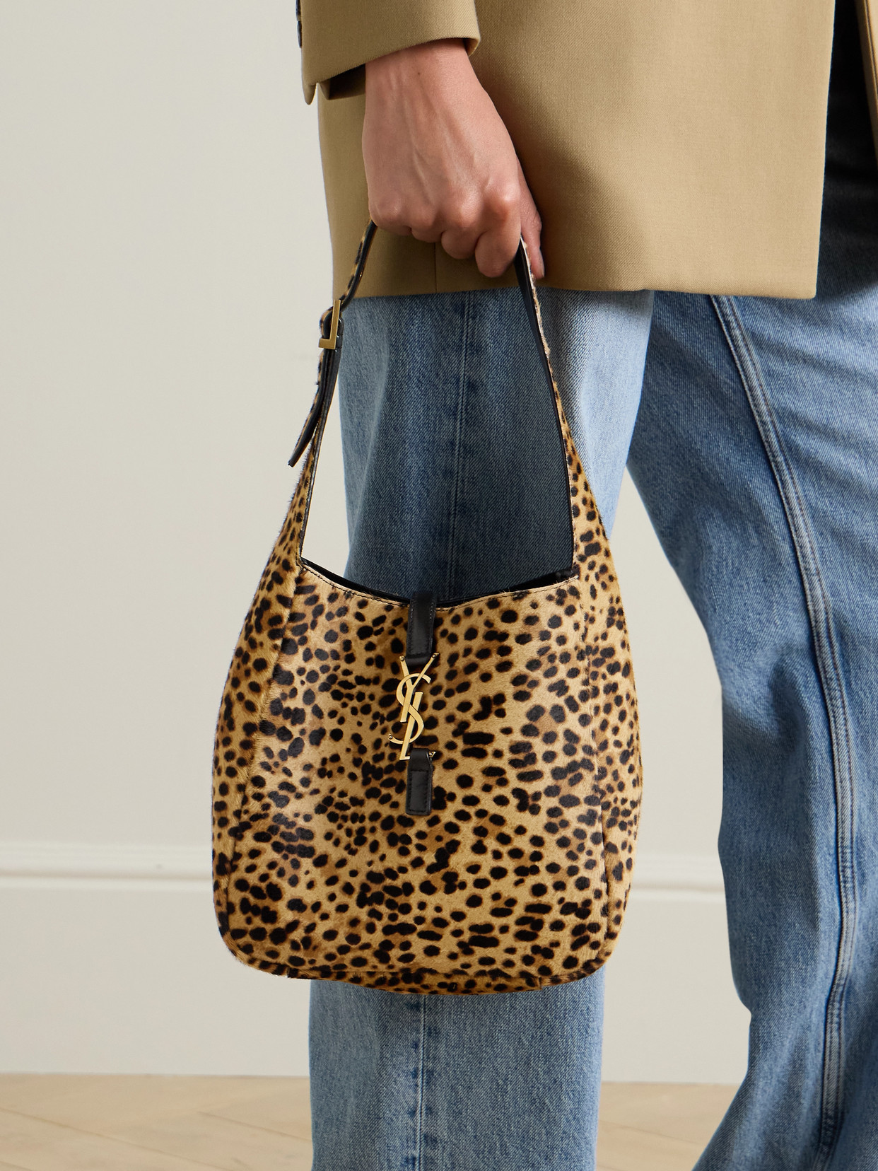 Saint Laurent Le 5 A 7 Small Ysl Hobo Bag In Leopard-print Calf Hair In Animal Print