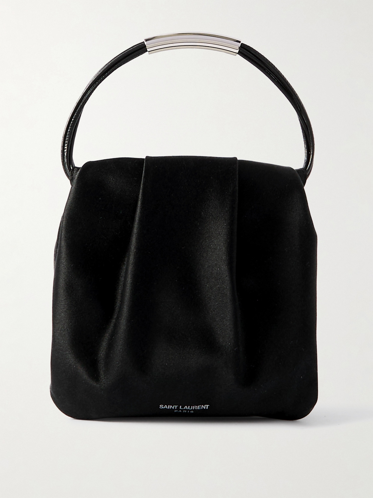 Saint Laurent Mini Leather-trimmed Gathered Satin Tote In Black