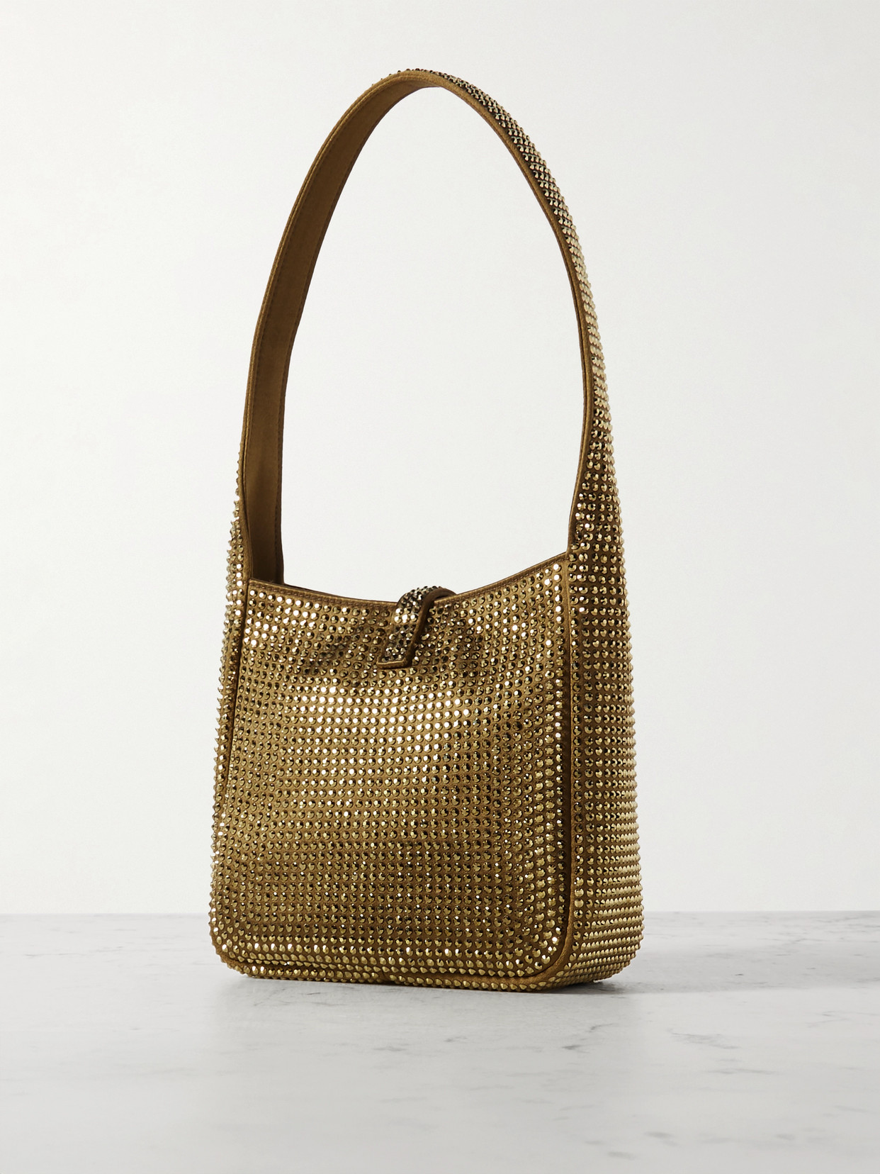 Saint Laurent Baby Le 5 À 7 Crystal-embellished Metallic Satin Shoulder Bag In Green