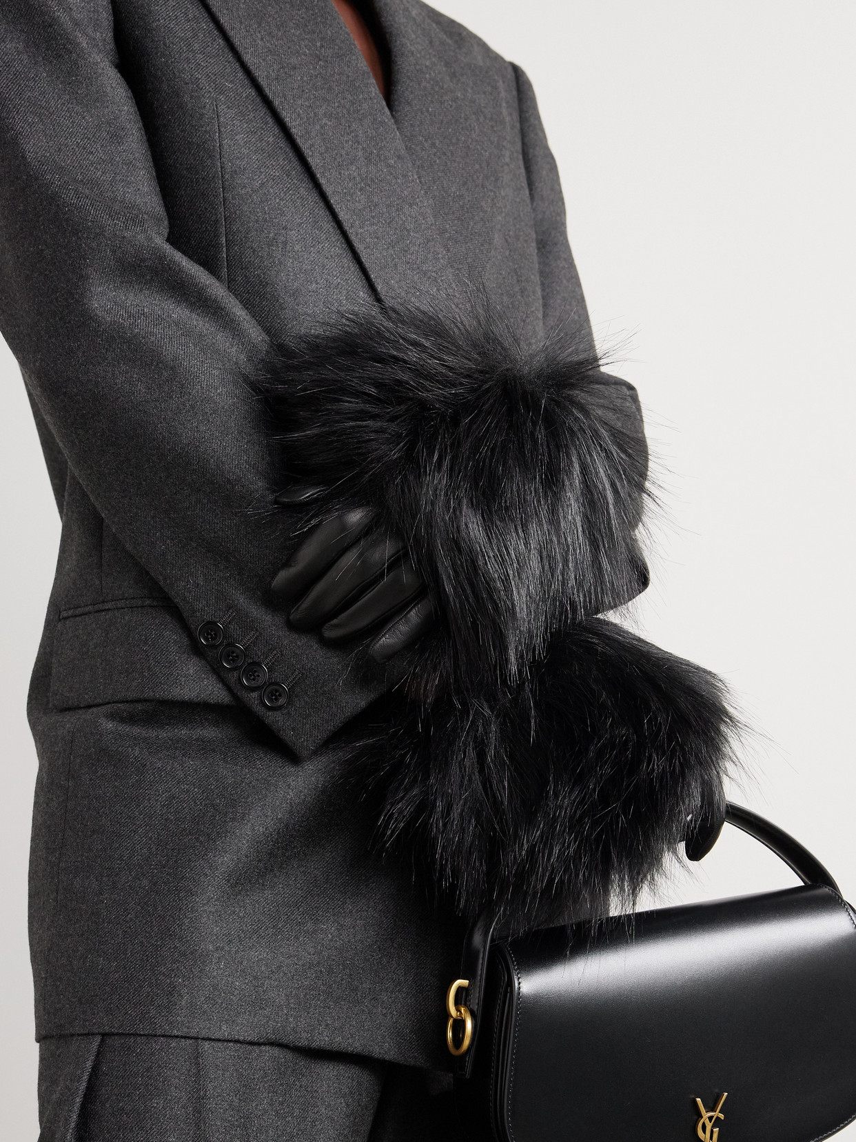 Saint Laurent Faux Fur-trimmed Leather Gloves In Black