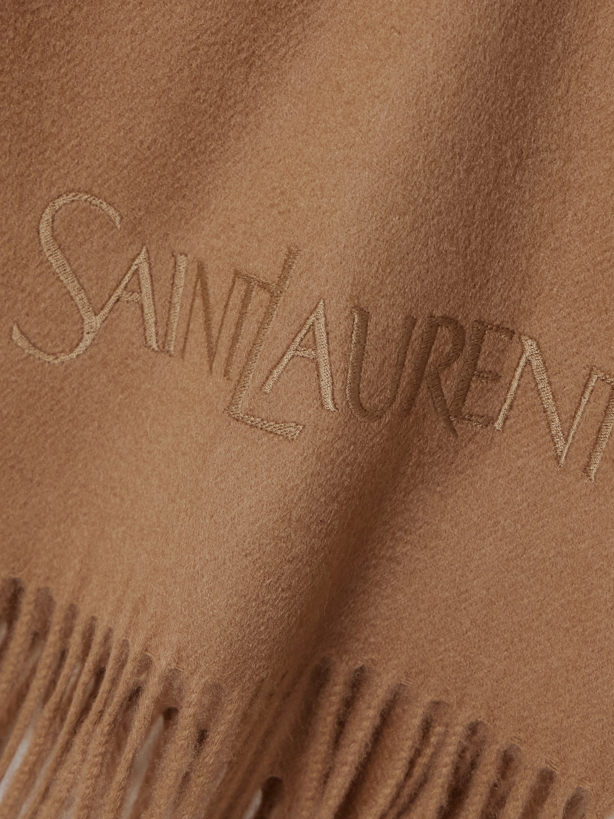 Saint Laurent Fringed Embroidered Cashmere Scarf In Brown