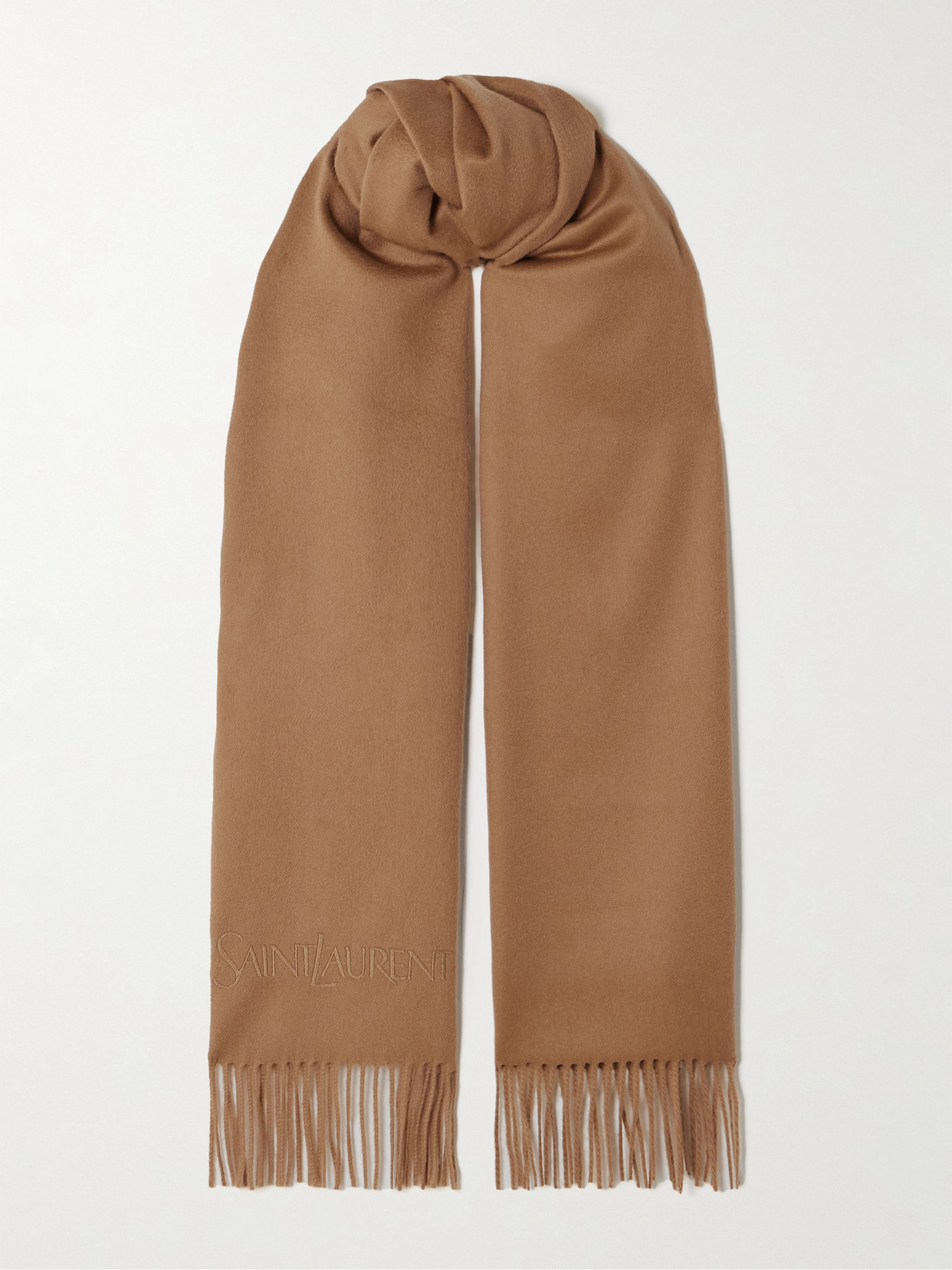 Saint Laurent Fringed Embroidered Cashmere Scarf In Brown