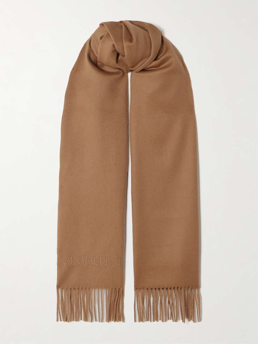 Saint Laurent Fringed Embroidered Cashmere Scarf