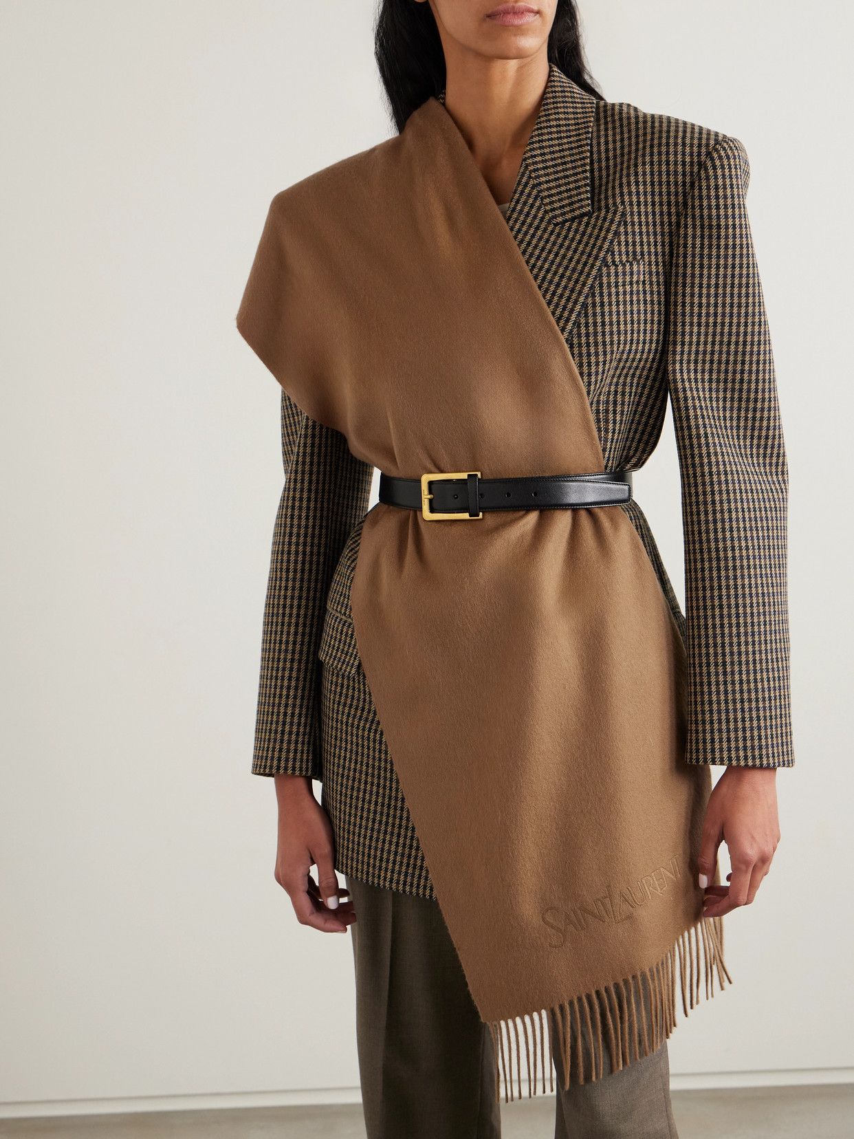Saint Laurent Fringed Embroidered Cashmere Scarf In Brown