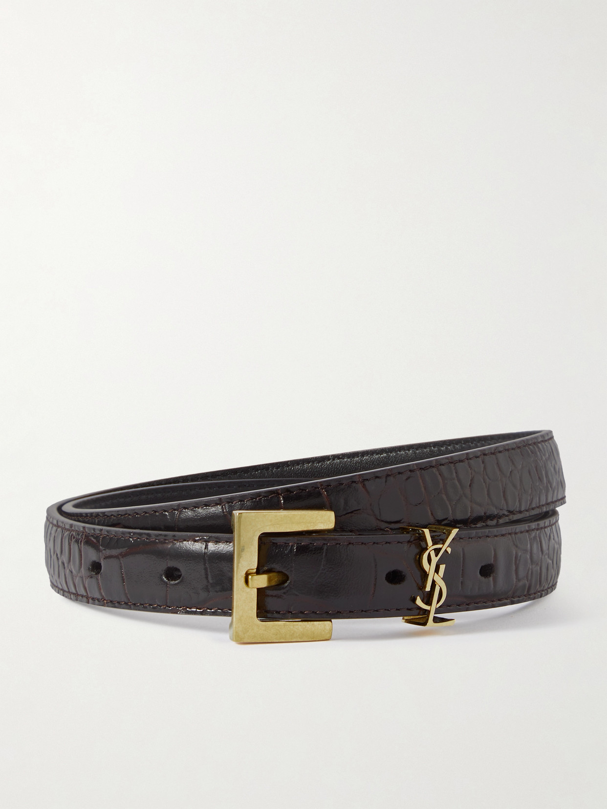 Saint Laurent Cassandre Embellished Croc-effect Leather Belt In Black