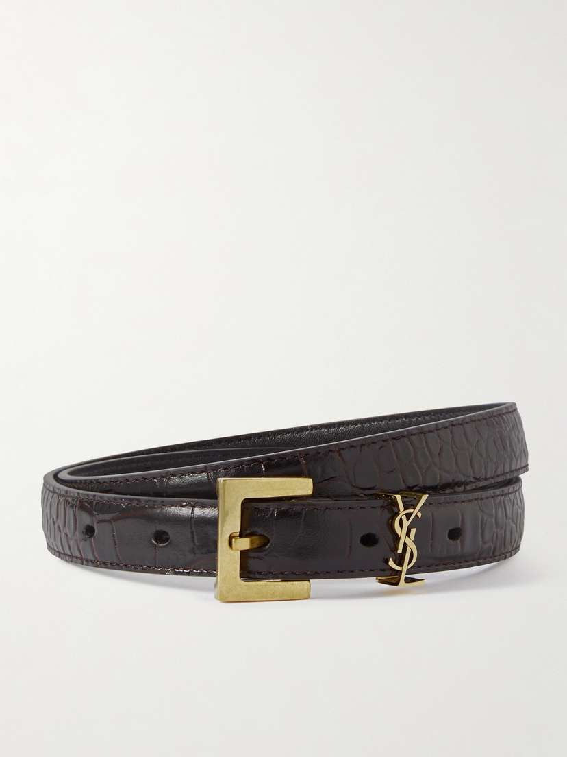 Saint Laurent Cassandre Embellished Croc-effect Leather Belt