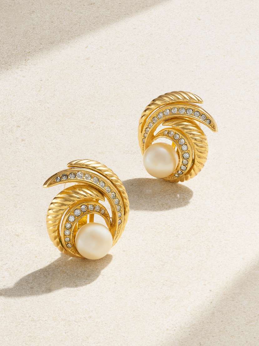 Susan Caplan Vintage Christian Dior Gold-plated, Swarovski Crystal And Faux Pearl Clip Earrings