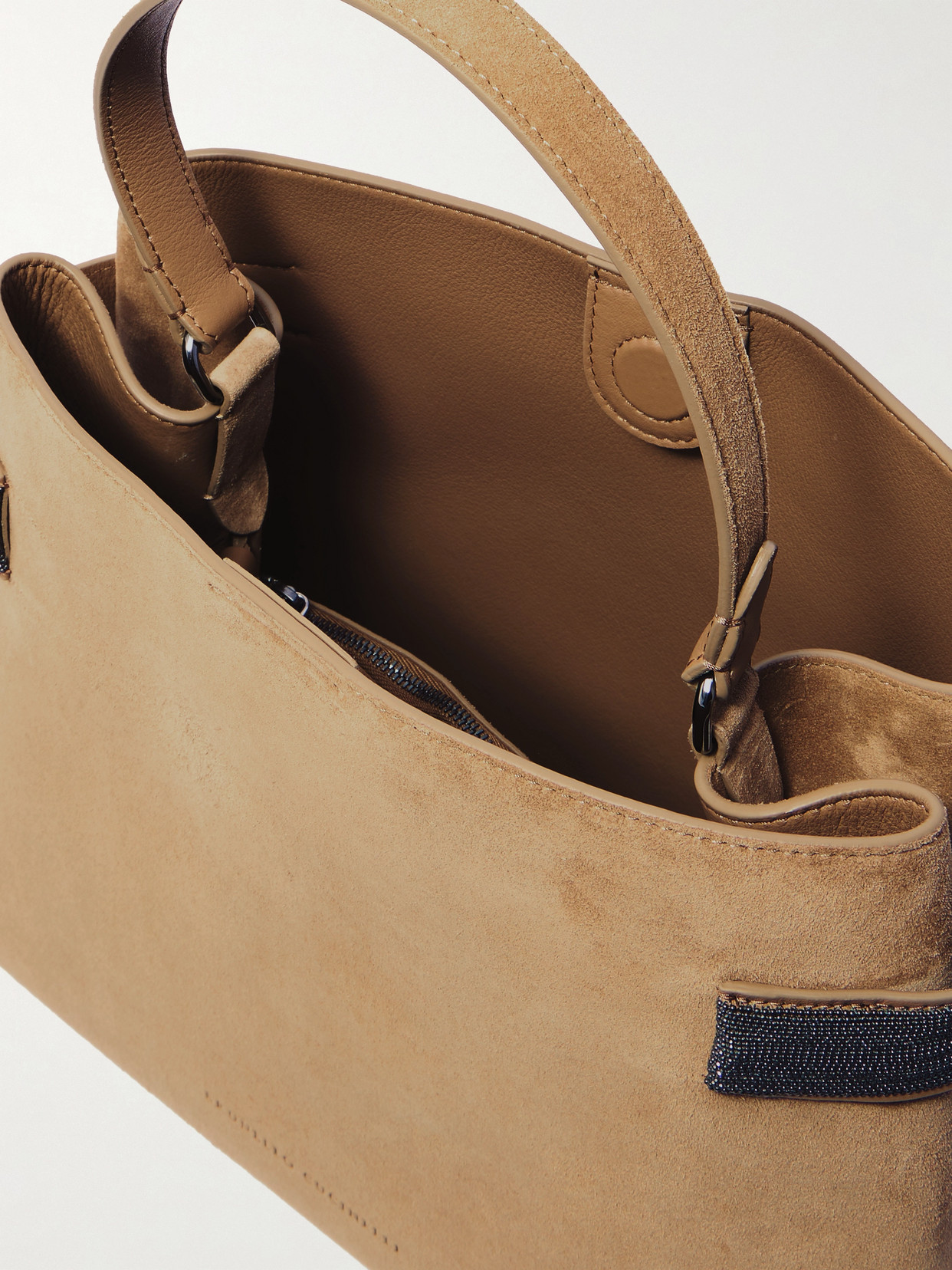 Shop Brunello Cucinelli Bead-embellished Suede Shoulder Bag In Brown