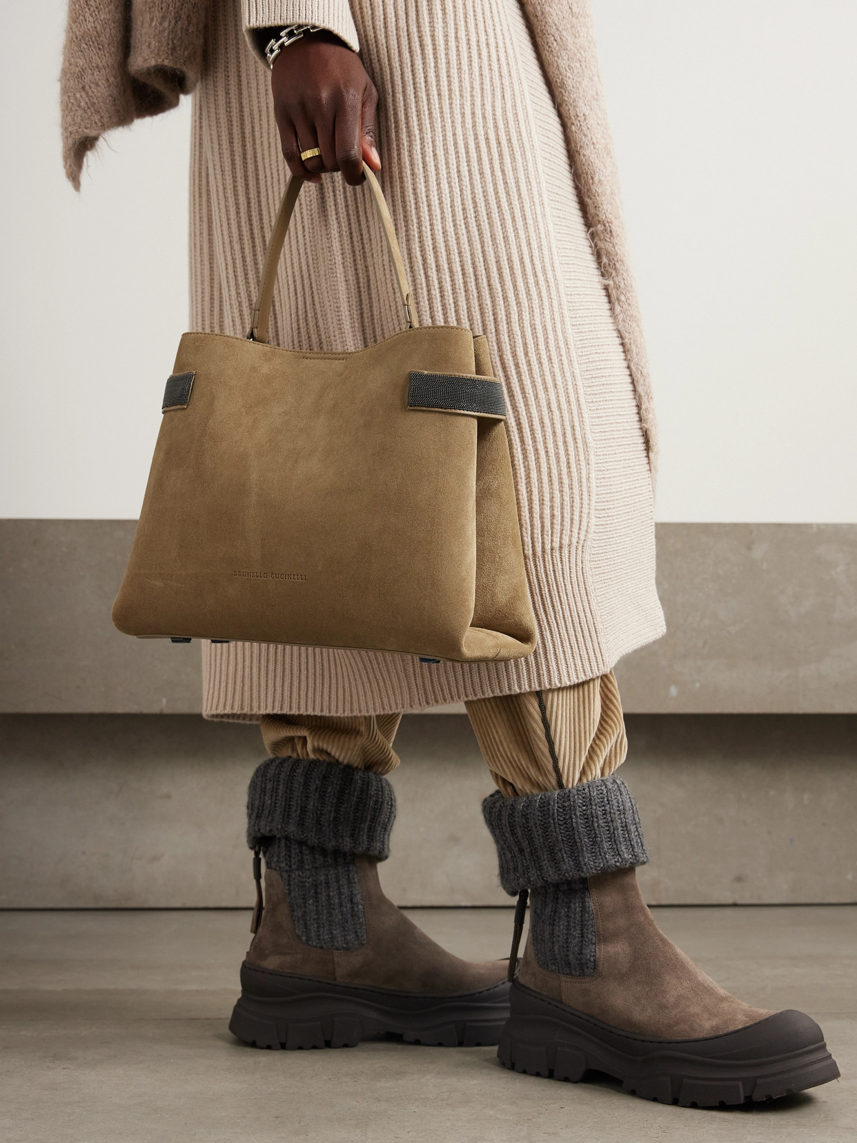 BRUNELLO CUCINELLI BEAD-EMBELLISHED SUEDE SHOULDER BAG