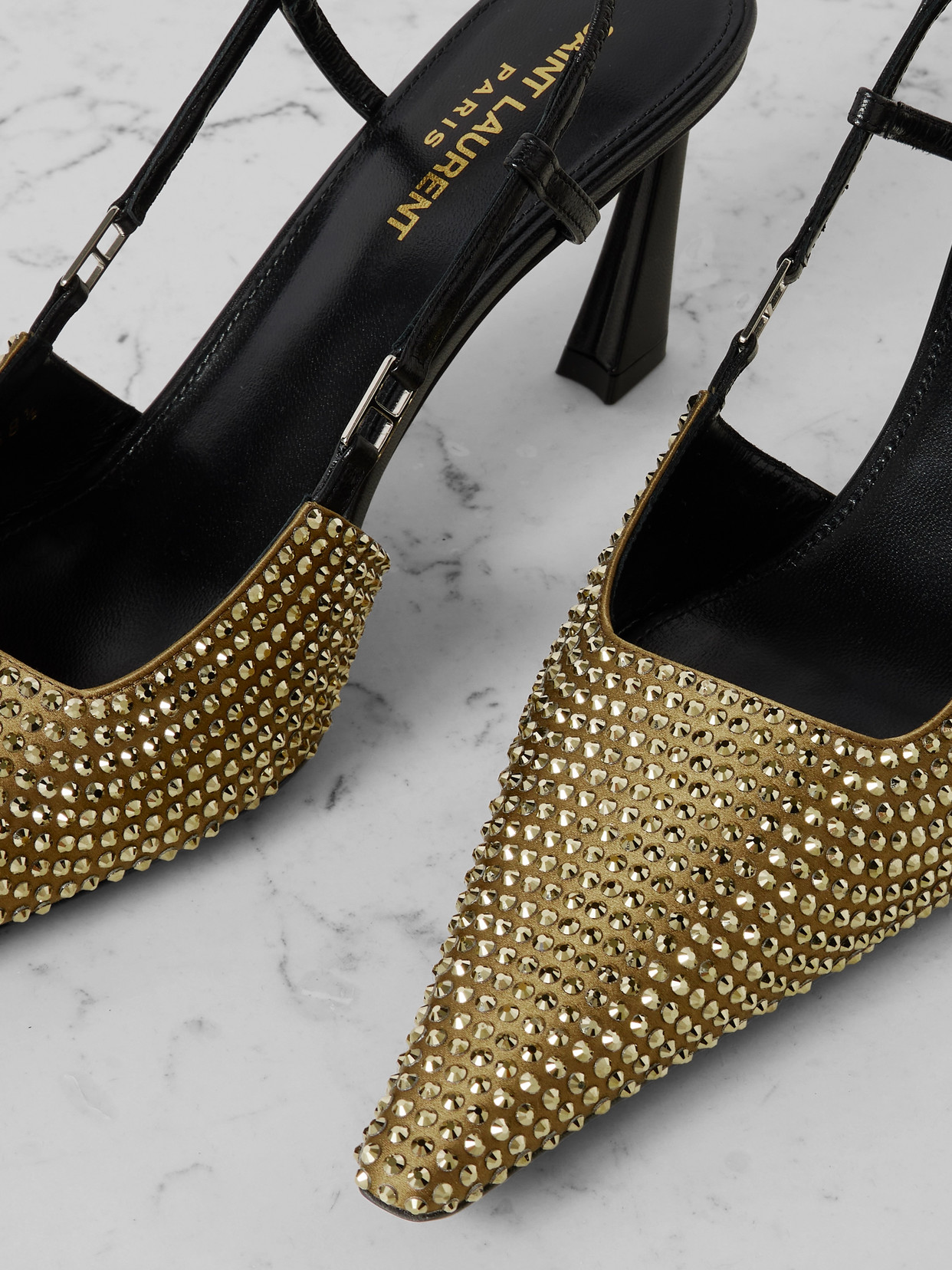 Saint Laurent Andree Crystal-embellished Satin And Leather Slingback Pumps In Green