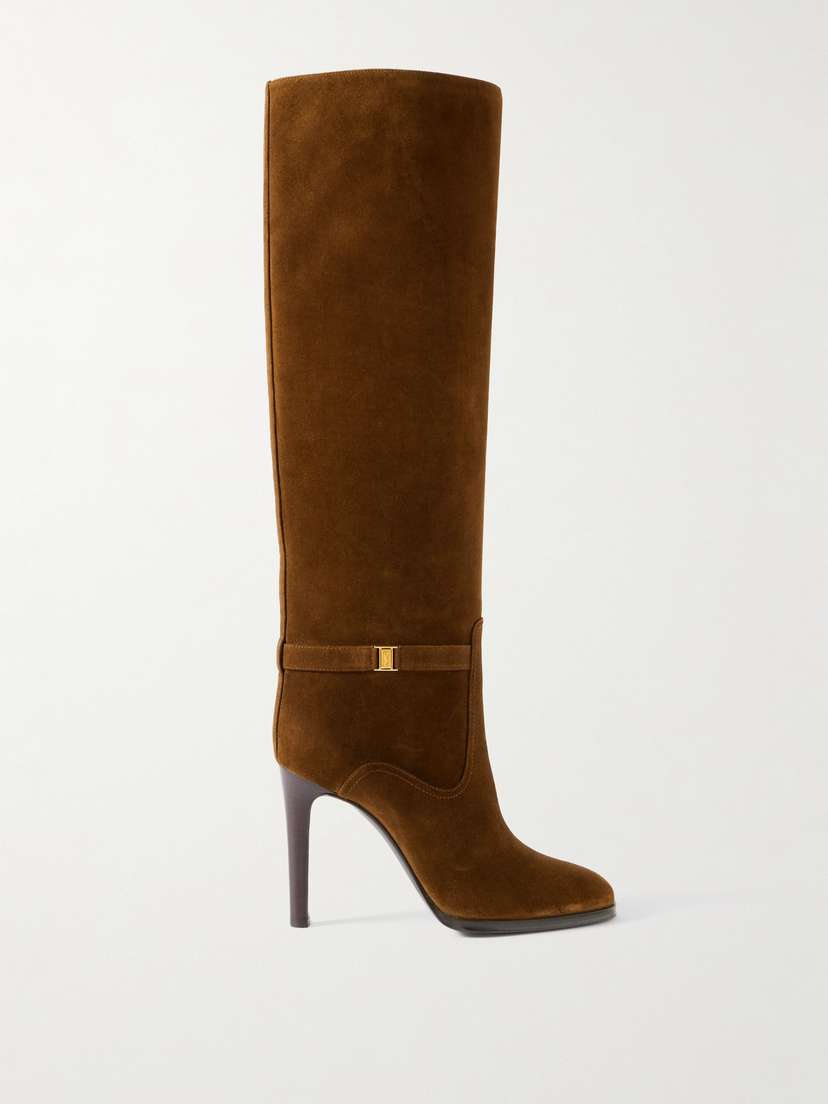 Saint Laurent Diane Logo-embellished Suede Knee Boots