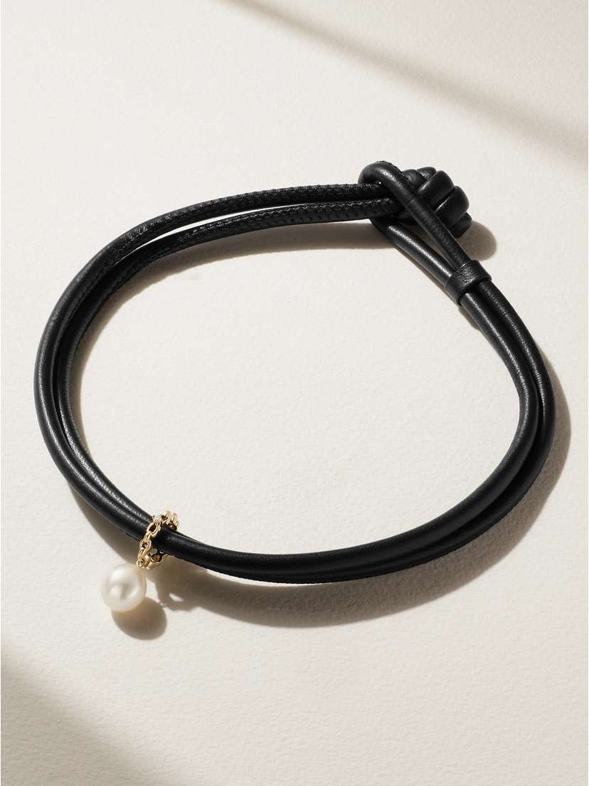 Mizuki Sea Of Beauty 14-karat Gold, Pearl, Diamond And Leather Choker