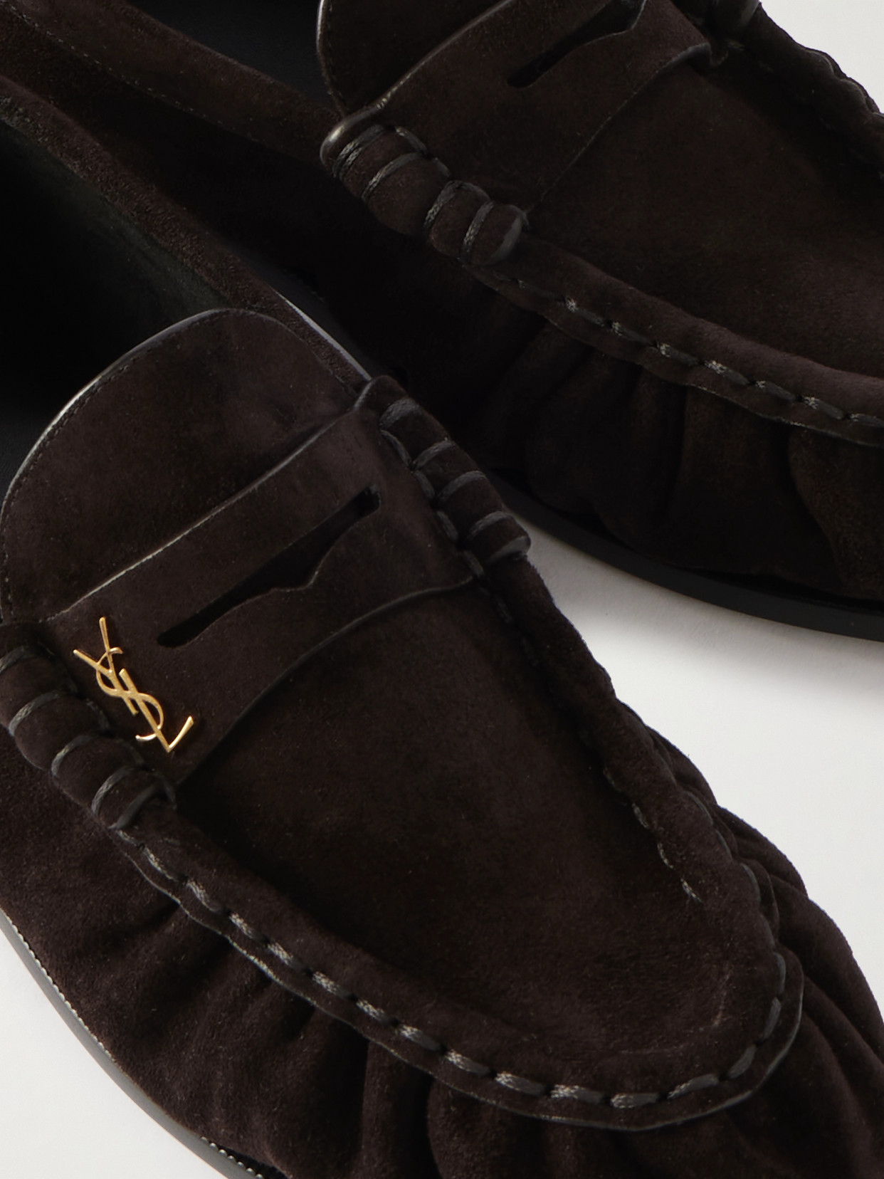 SAINT LAURENT LE LOAFER LOGO-EMBELLISHED SUEDE LOAFERS