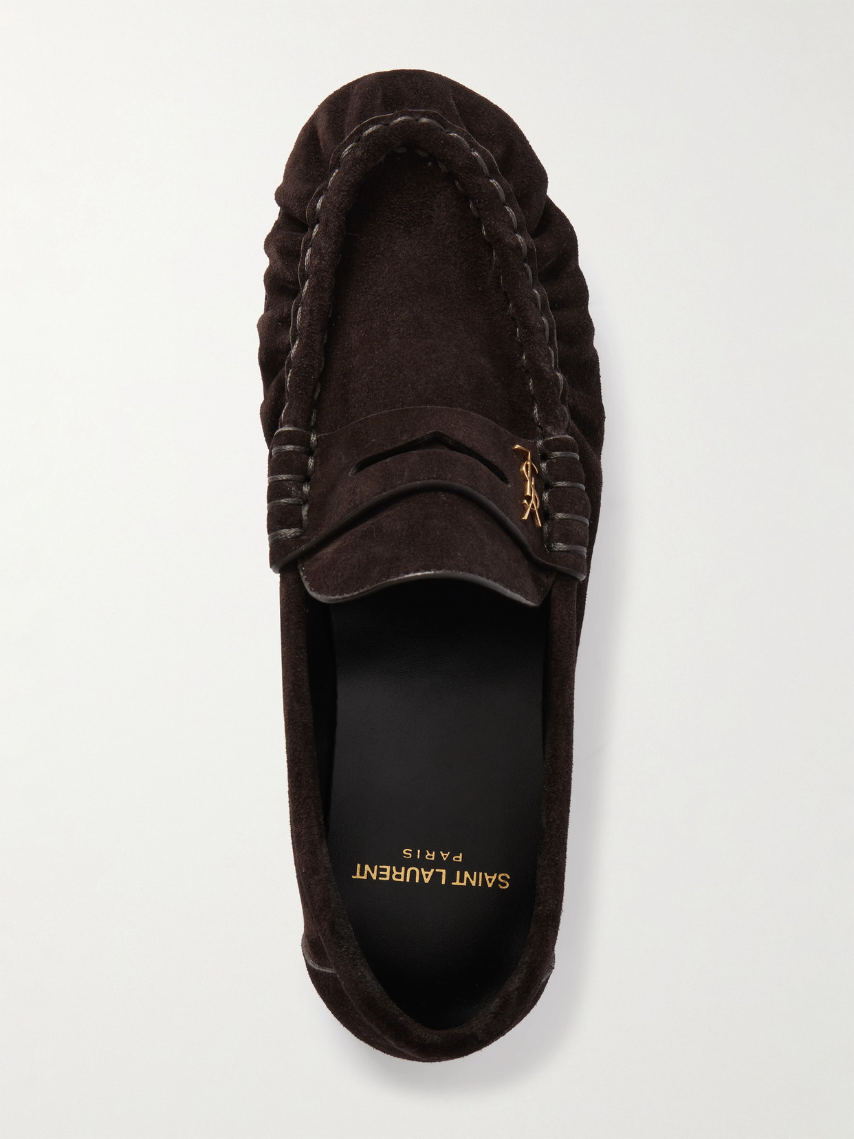 Shop Saint Laurent Le Loafer Logo-embellished Suede Loafers In Brown