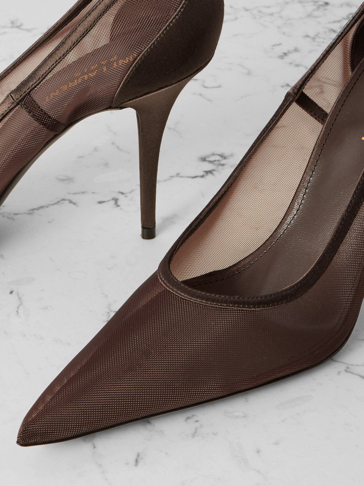 Saint Laurent Norma Satin-trimmed Mesh Pumps In Brown