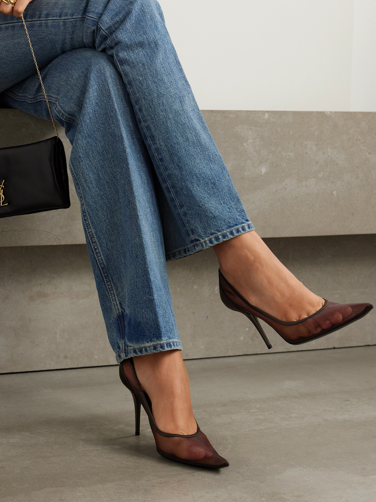 Saint Laurent Norma Satin-trimmed Mesh Pumps In Brown