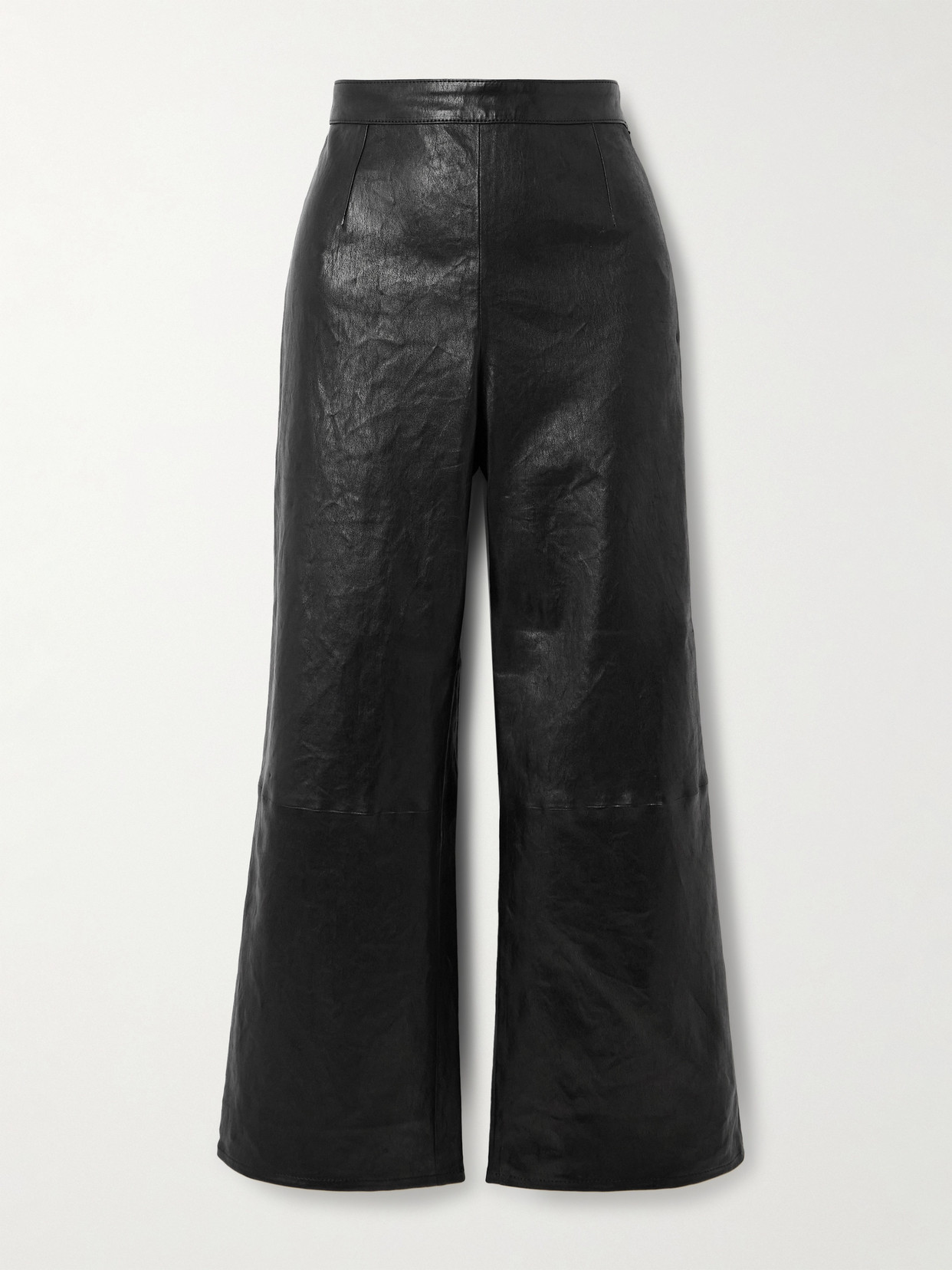 Frame Crinkled Cropped High-rise Wide-leg Leather Pants In Black