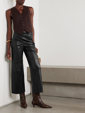 FRAME Crinkled cropped high-rise wide-leg leather pants