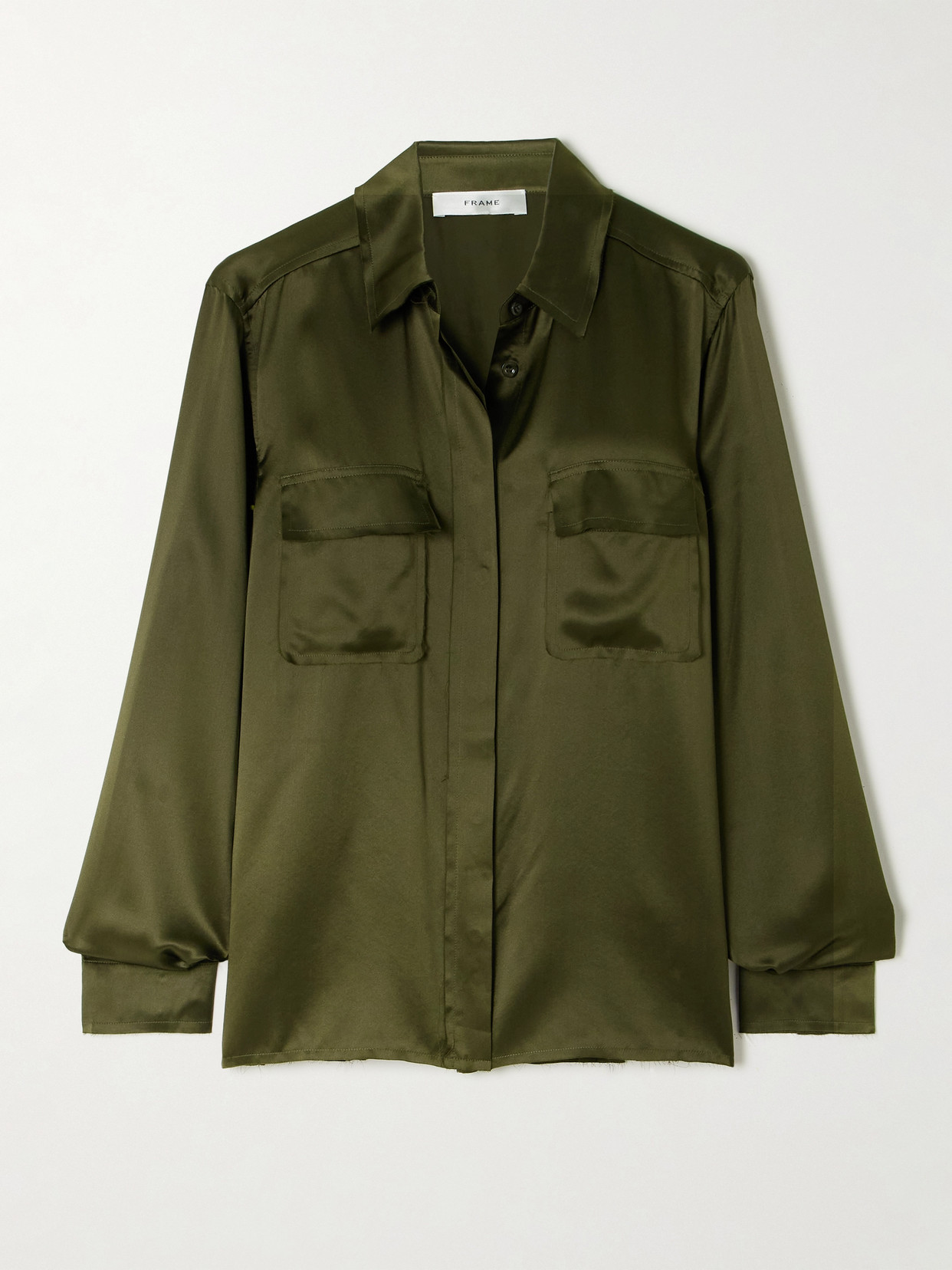 Frame Frayed Silk-charmeuse Shirt In Green