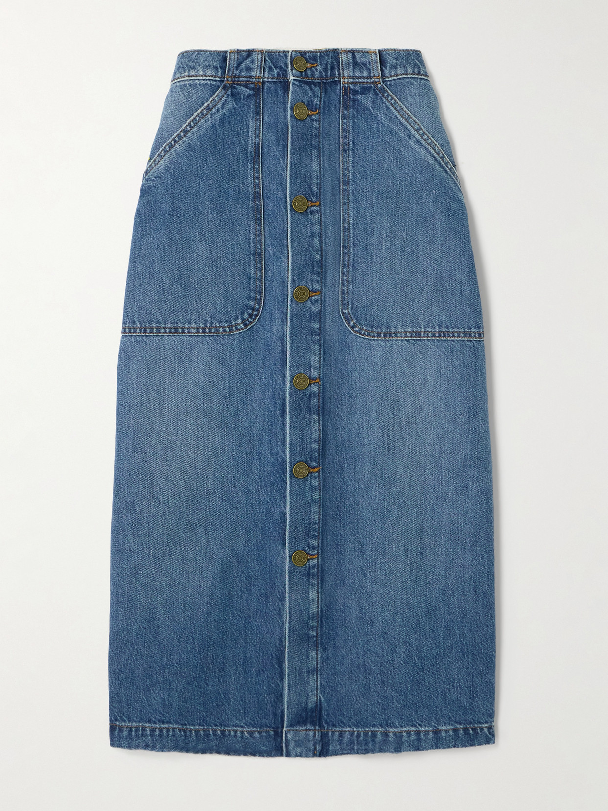 Frame Modern Pocket Button Front Midi Denim Skirt In Blue