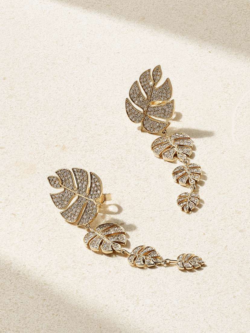 Sydney Evan Monstera Leaf 14-karat Gold Diamond Earrings