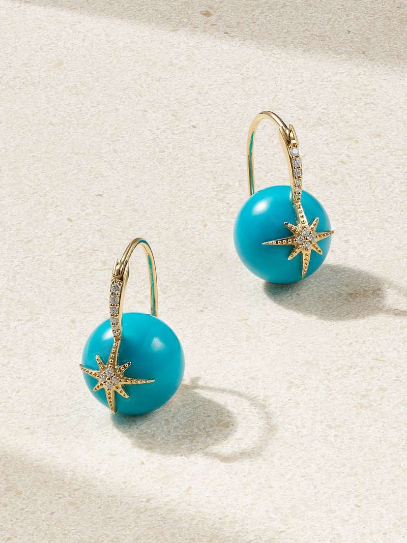 Sydney Evan Starburst 14-karat Gold, Turquoise And Diamond Earrings