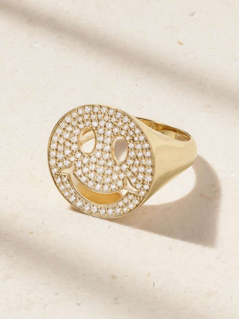 Sydney Evan Large Happy Face 14-karat Gold Diamond Signet Ring - 6 1/2