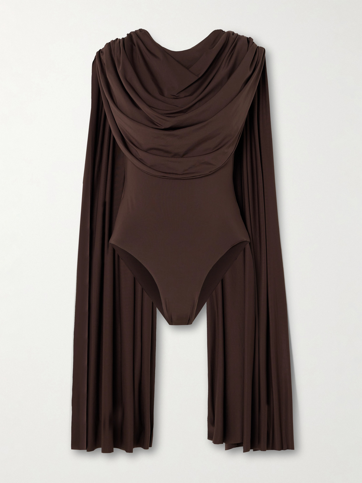 Maygel Coronel - Burano Cape-effect Draped Stretch-jersey Bodysuit - Brown — curated by 5 Star Luxe for weddings, travel and effortless style
