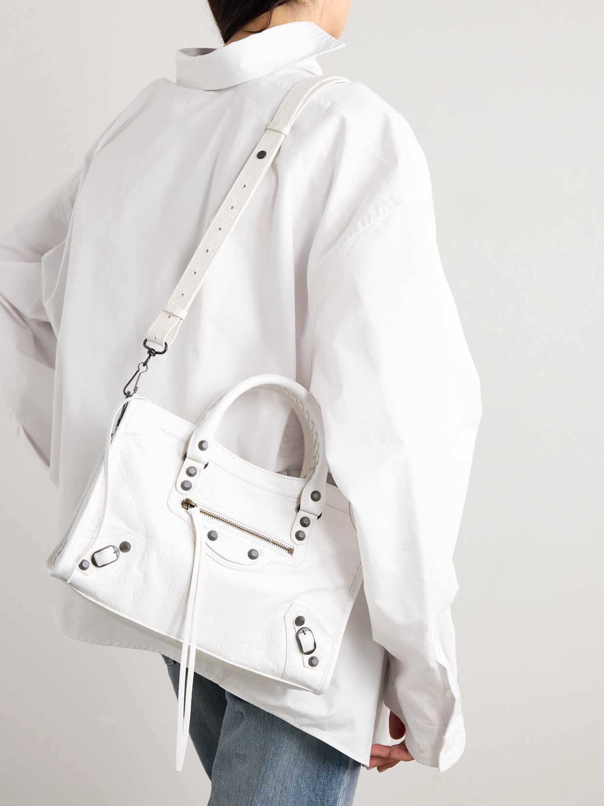 Balenciaga Le City Small Embellished Textured-leather Tote In White
