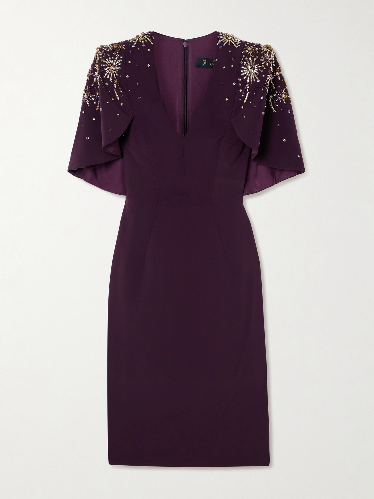 Jenny Packham - Cape-effect Embellished Stretch-cady Midi Dress - Purple