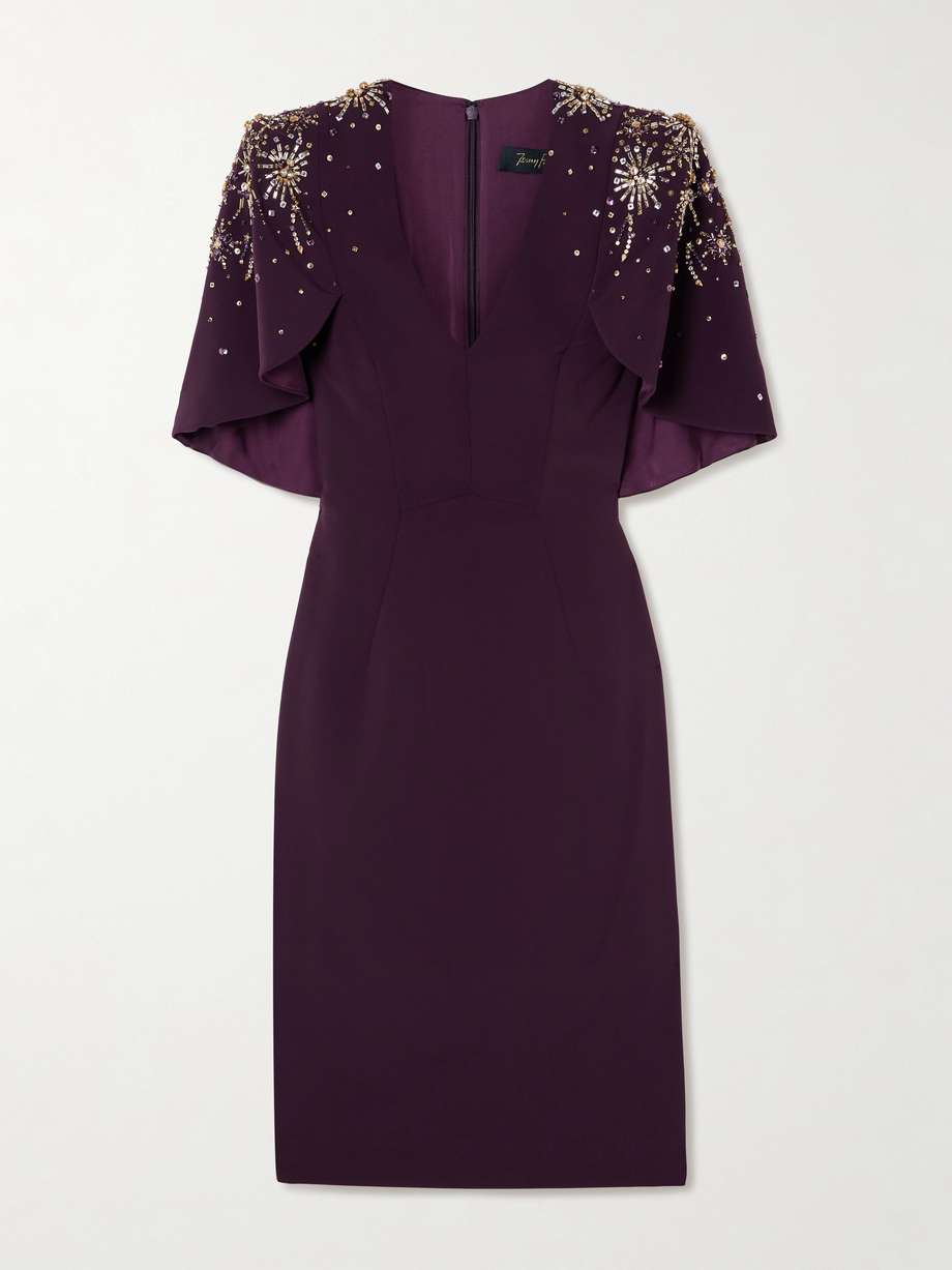 cape-effect embellished stretch-cady midi dress