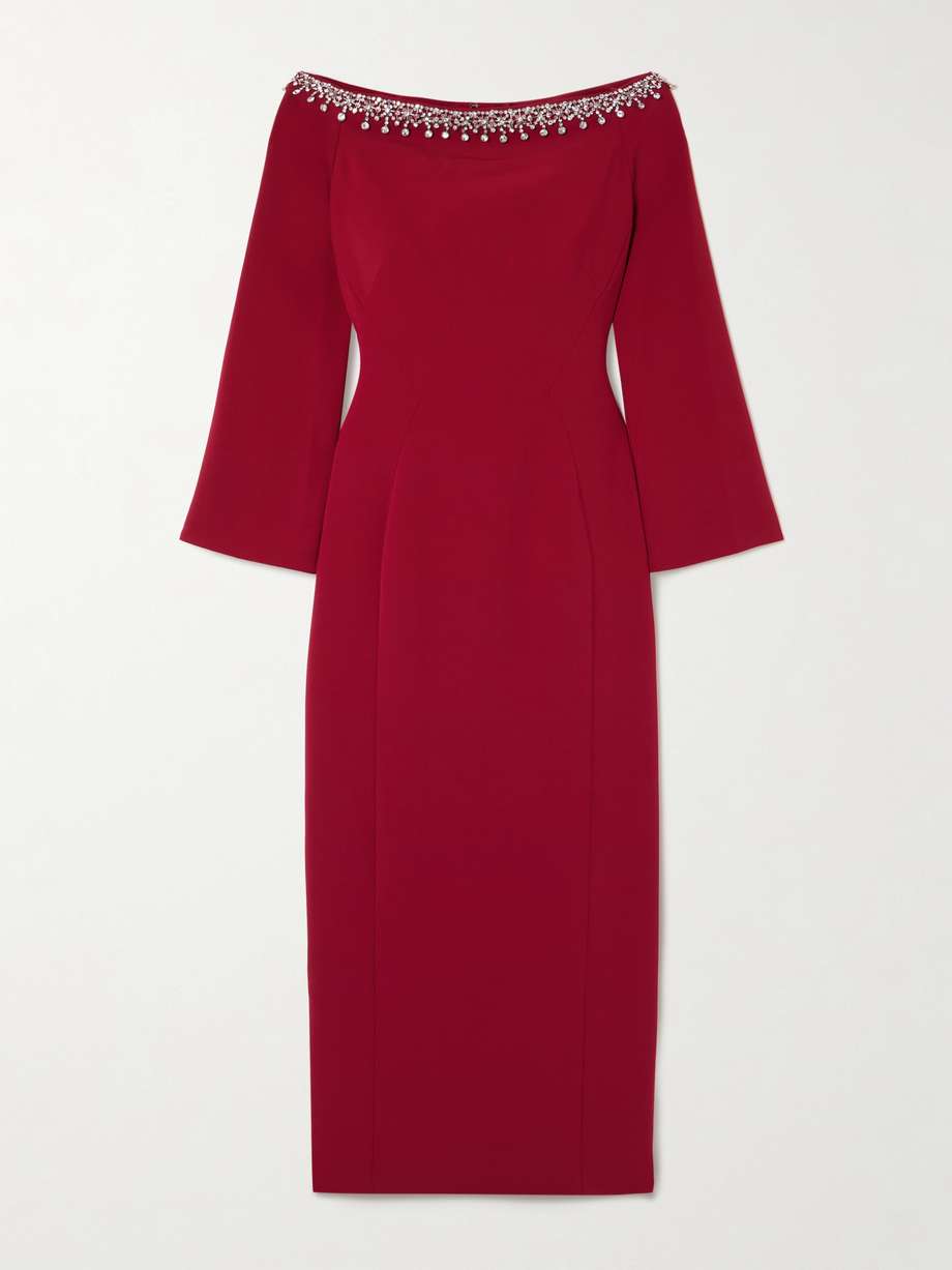 off-the-shoulder embellished cady midi dress