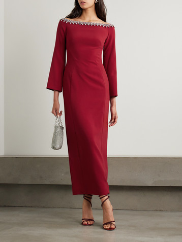 Jenny Packham Off-the-shoulder embellished cady midi dress