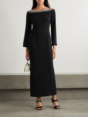 Jenny Packham Off-the-shoulder embellished cady midi dress