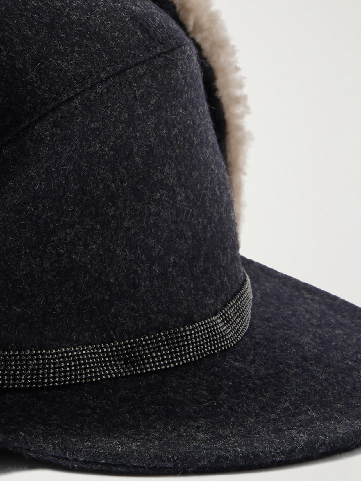 Brunello Cucinelli Embellished Shearling-trimmed Wool-felt Cap In Cream