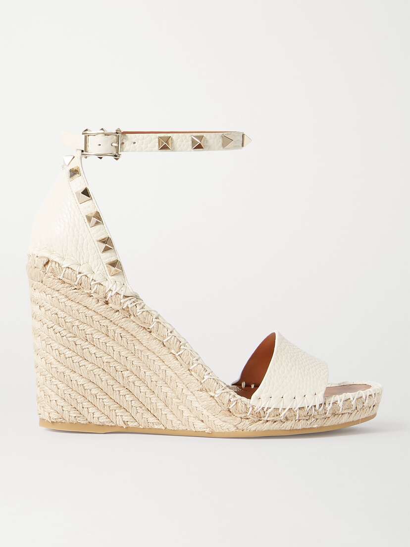 Valentino Garavani — Rockstud 105 textured-leather espadrille wedge sandals