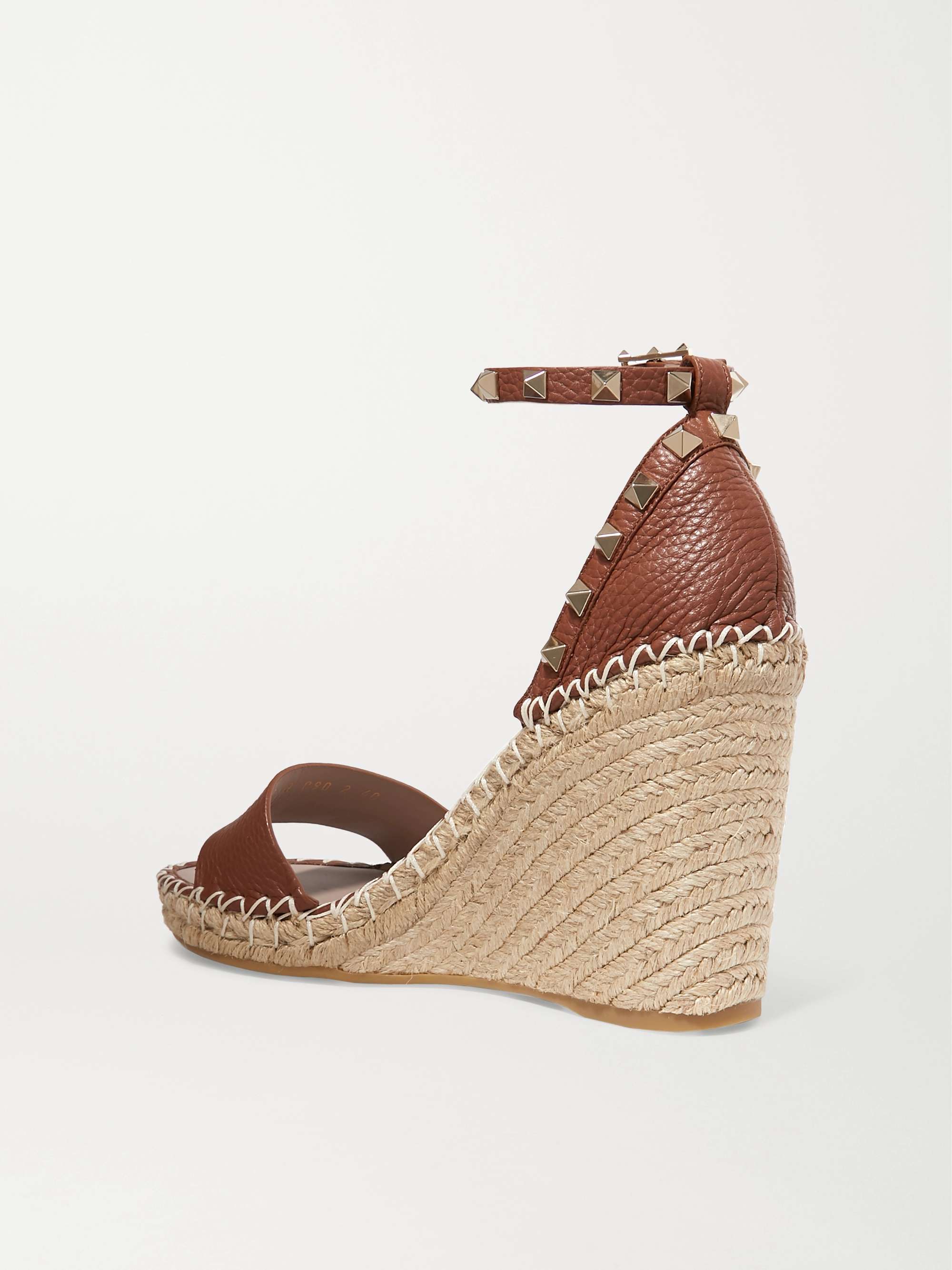 VALENTINO GARAVANI Rockstud 105 textured-leather espadrille wedge sandals