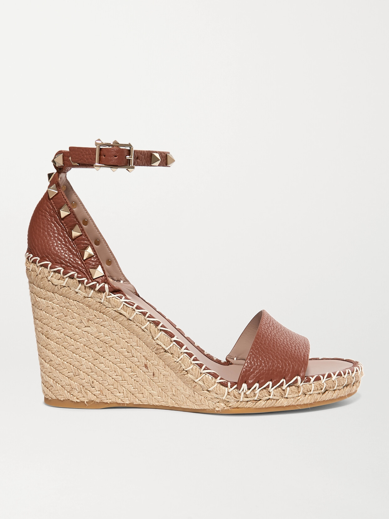 Valentino Garavani Rockstud 105 Textured-leather Espadrille Wedge Sandals In Brown