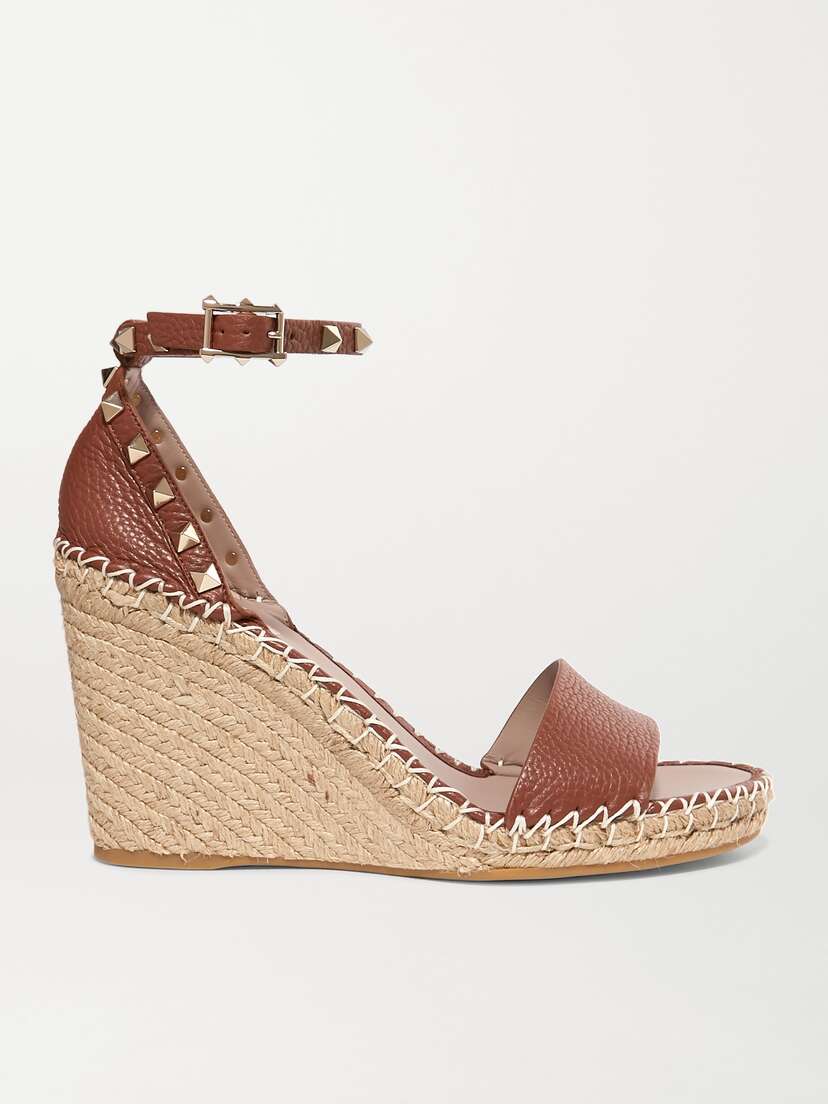 Valentino Garavani Rockstud 105 Textured-leather Espadrille Wedge Sandals