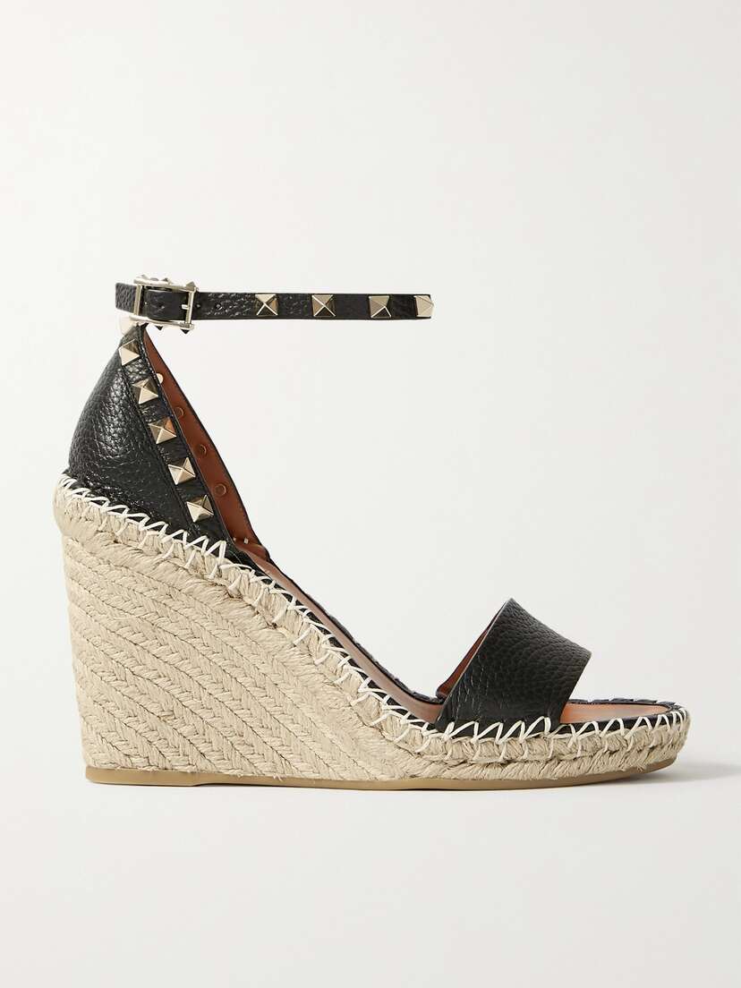 Valentino Garavani — Rockstud 105 textured-leather espadrille wedge sandals